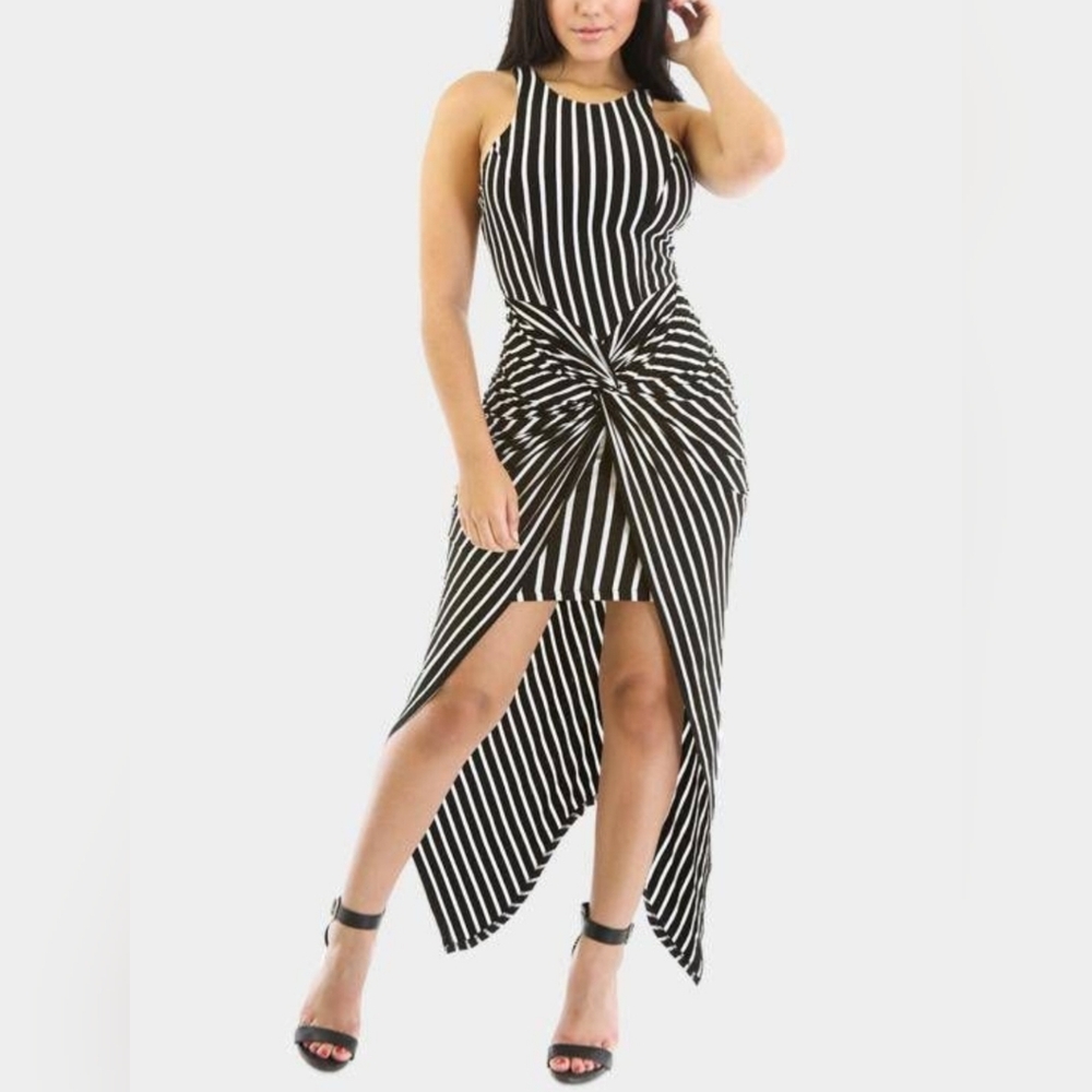 Hot & Delicious Knot Front Stripped High-Low Bodycon Dress Size Small